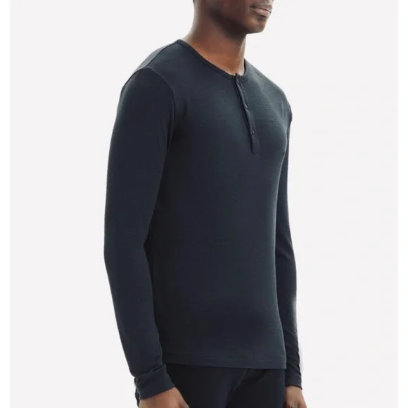THEORY • Dark Grey Snap-Button Henley Long Sleeve Shirt